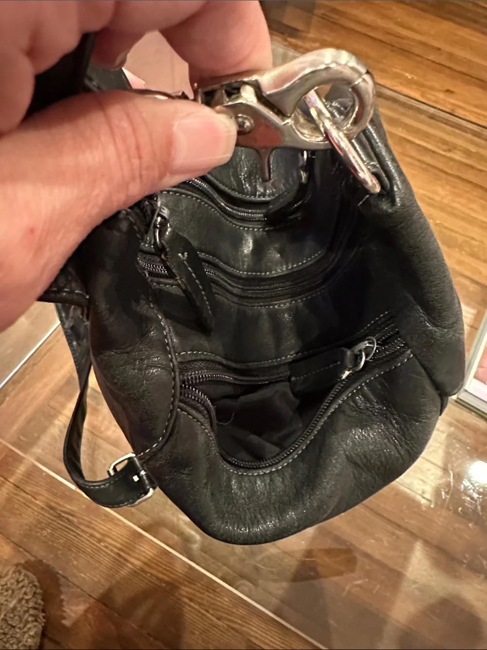 Tignanello Convertible Black Leather Backpack / Sling with Silver Hardware